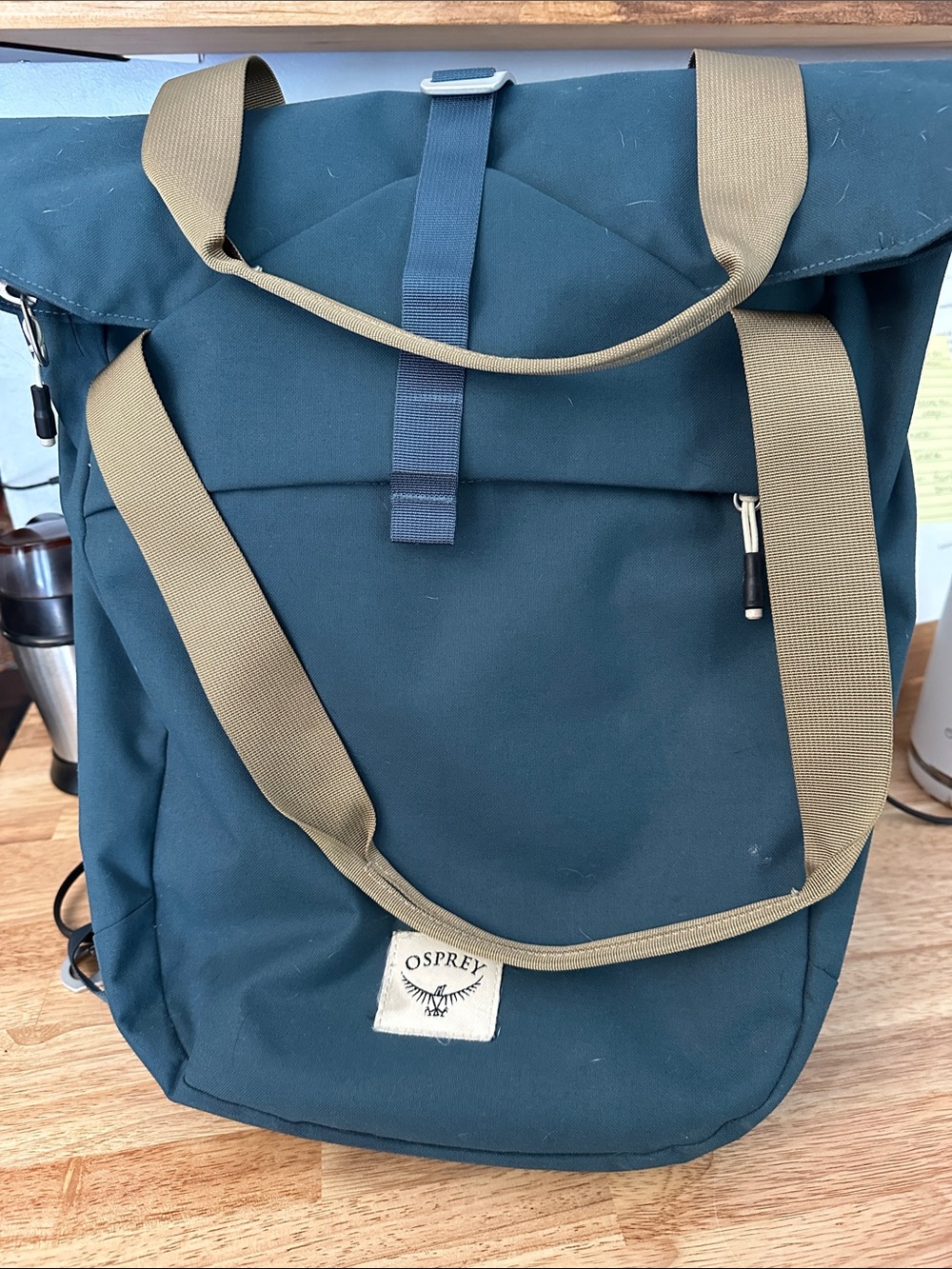 OSPREY Teal Roll-Top Tote with Tan Straps